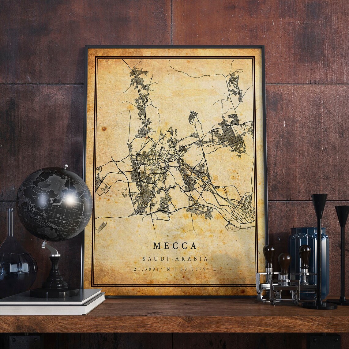 Mecca Vintage Map Poster, Rustic Saudi Arabia Travel