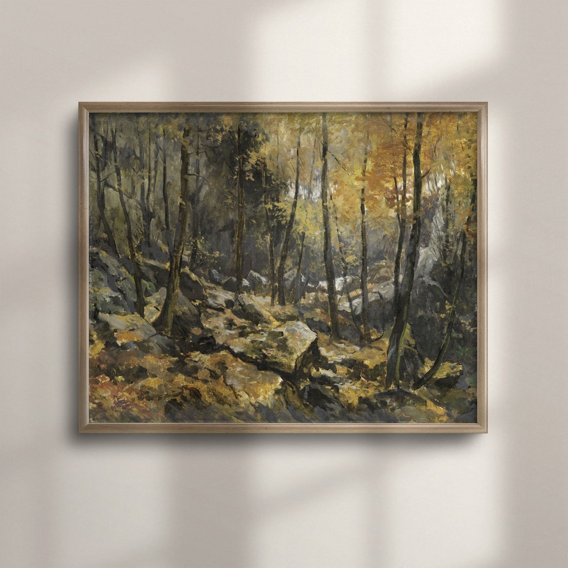 Golden Autumn Forest With Rocky Path Vintage Trees Painting Poster