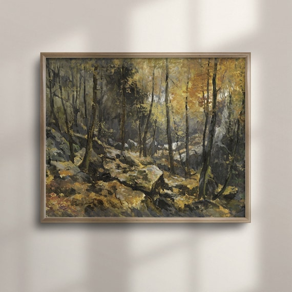 Golden Autumn Forest With Rocky Path Vintage Trees Painting Poster