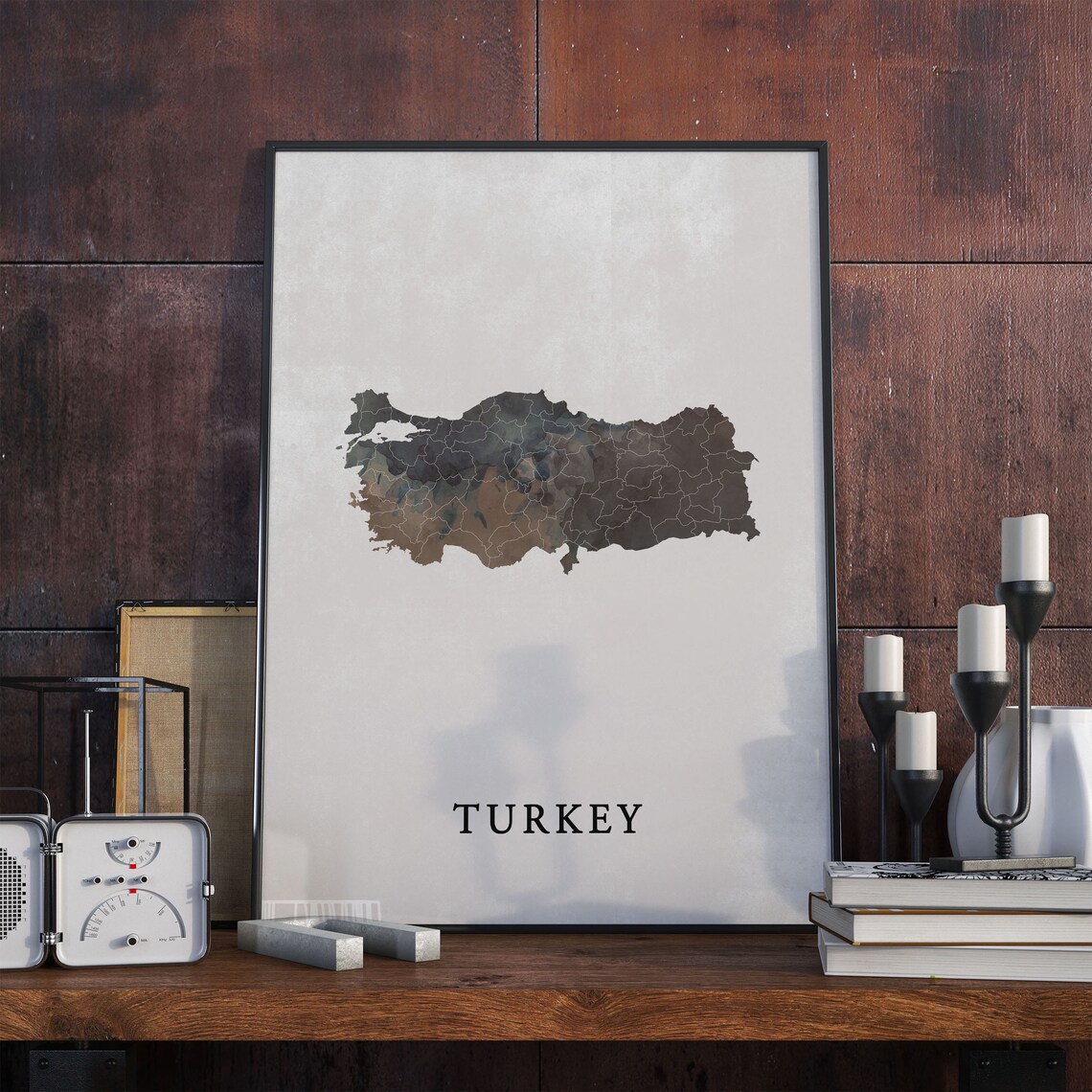 Turkey Watercolor Country Silhouette Map Dark Earthy Tones Poster