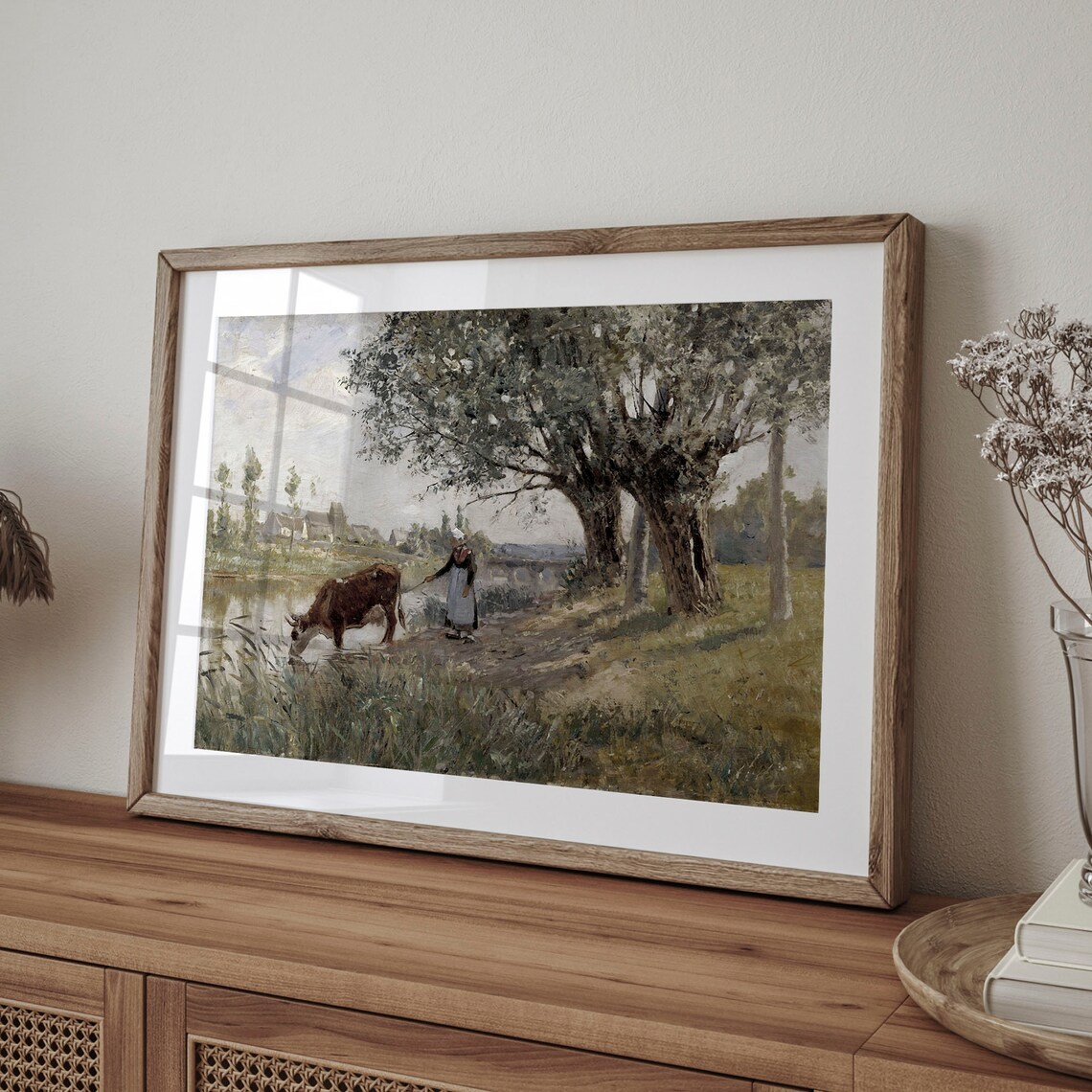 Woman Watering Cow by a River with Willows Vintage Oil Poster - Image 4