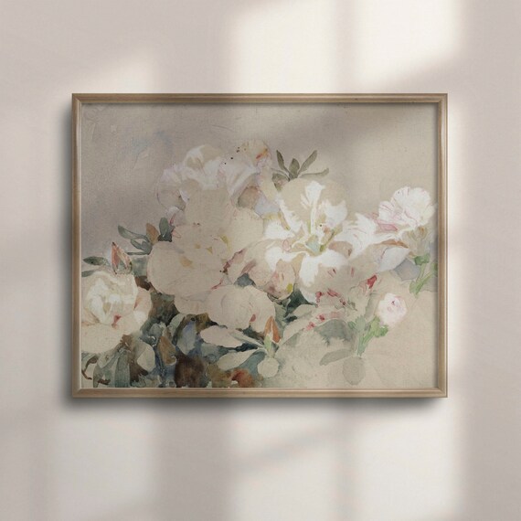 Vintage White Spring Blossoms Watercolor Soft Floral Art Poster