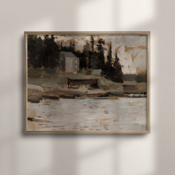 Rustic Landscape Art Vintage Nature Painting Earth Tone Abstract Wall Decor Country Cabin Home Decor C16 458
