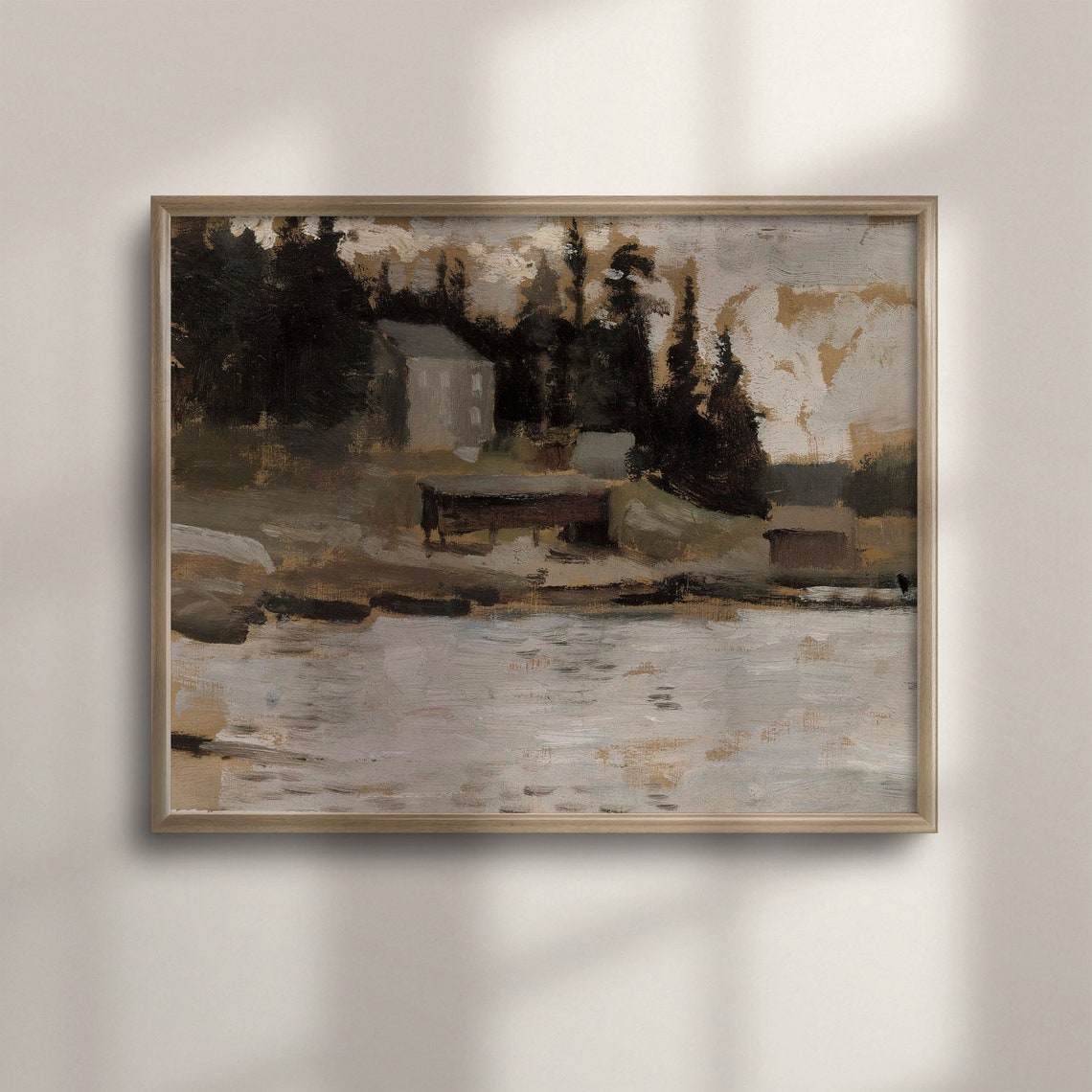 Vintage Rustic House Water Dark Trees Abstract Landscape Poster