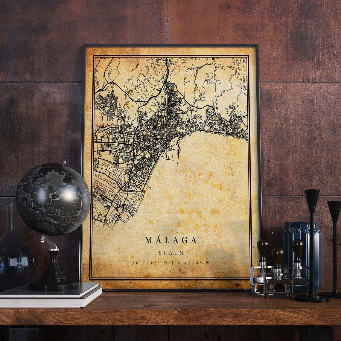 Malaga Spain Vintage City Street Map Antique Parchment Poster