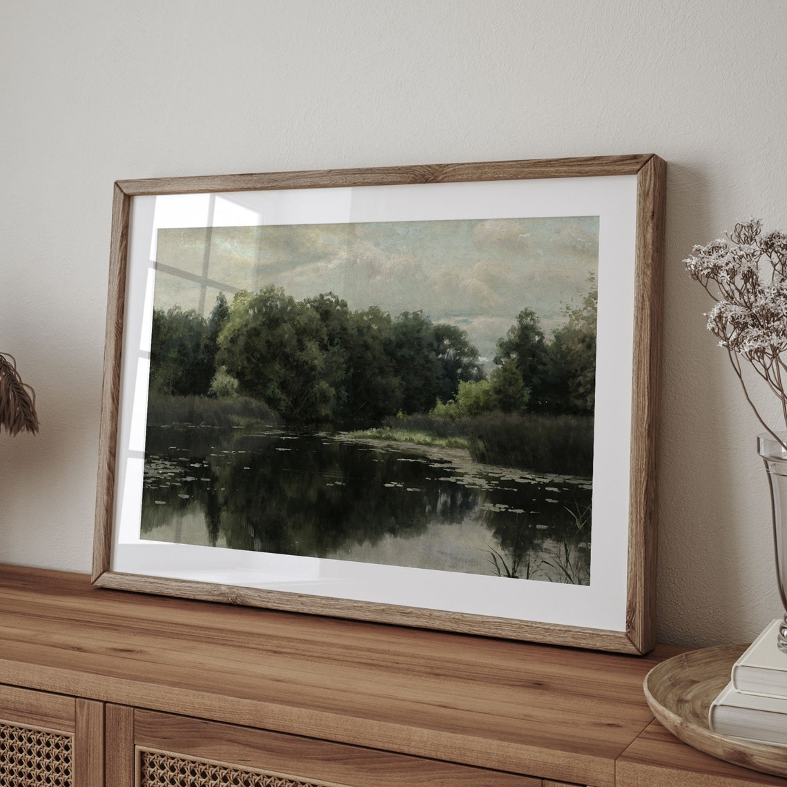 Vintage Lakeside Trees Water Reflection Lily Pads Scene Art Poster - Image 4