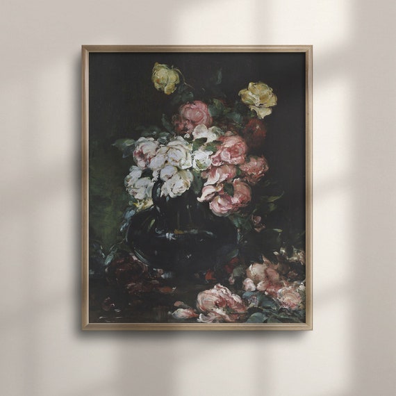 Antique Floral Art Flower Still Life Vintage Print Moody French Painting Wall Decor Muted Colors Vintage Home Decor C16 737
