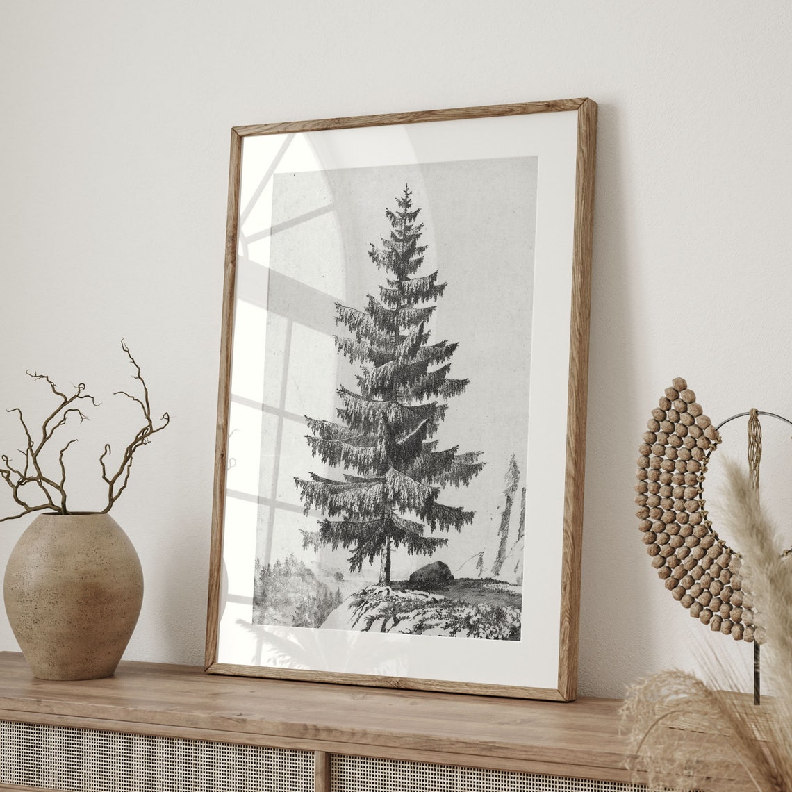 Lone Spruce Tree Charcoal Sketch on a Rocky Outcrop Vintage Art Poster - Image 4