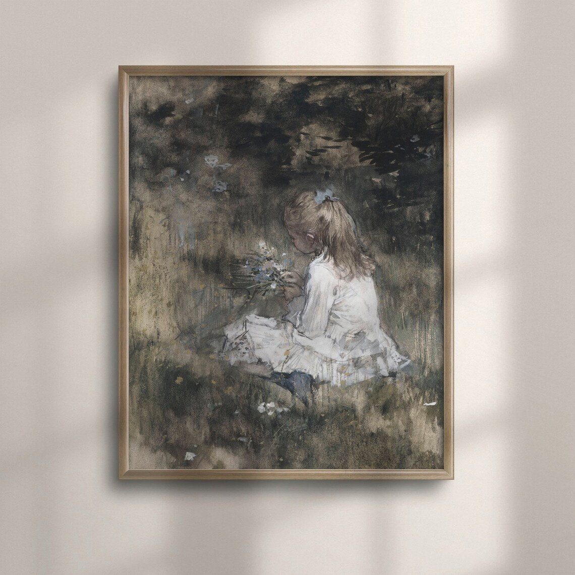 Young Girl Gathering Flowers in a Dark Moody Garden Painting Poster