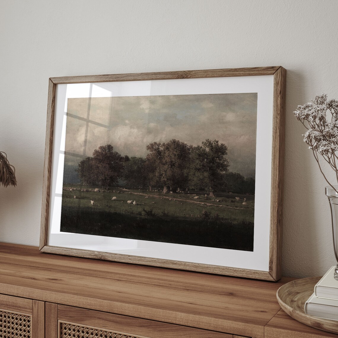 Sheep Grazing Dark Green Pasture Stormy Sky Vintage Pastoral Painting Poster - Image 4