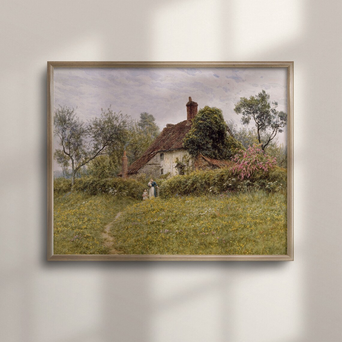 Vintage English Cottage Landscape Art Print, Farmhouse Decor