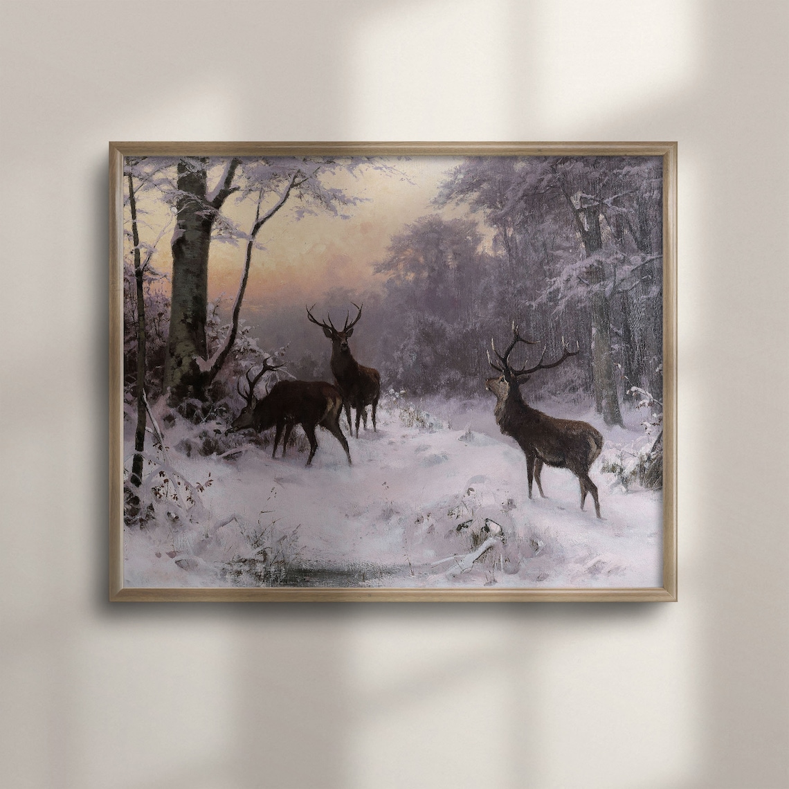 Red Deer Stags Snowy Winter Forest Dusk Antique Wildlife Painting Poster