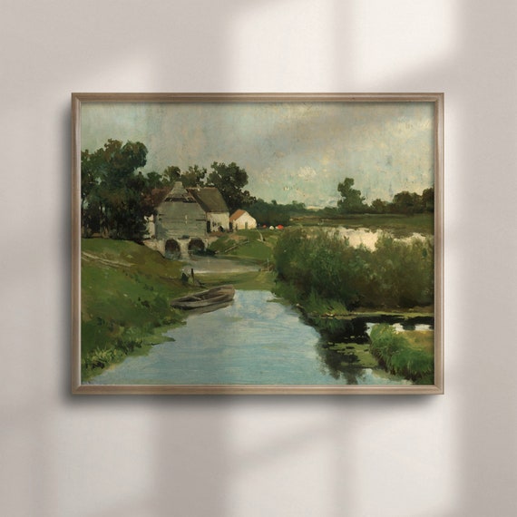 Antique River Landscape Wall Art Vintage Home Decor Print Farmhouse Style Painting Unique Vintage Artwork C16 637