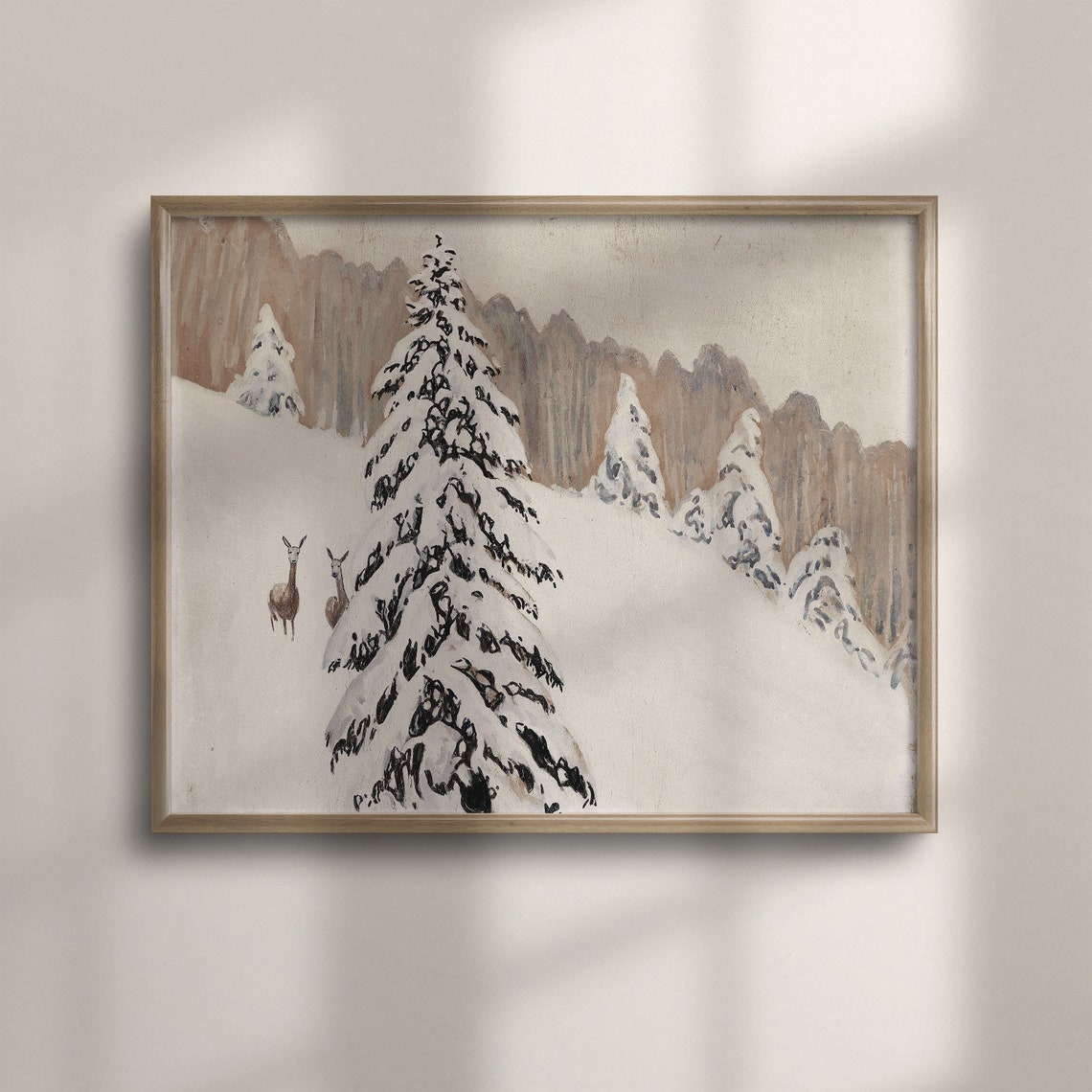 Deer in Snowy Pine Forest Vintage Winter Landscape Painting Poster