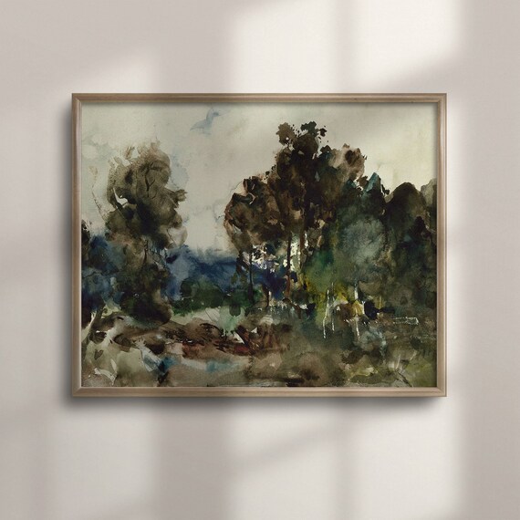 Loose Watercolor Study of Dark Woodland Trees Vintage Poster