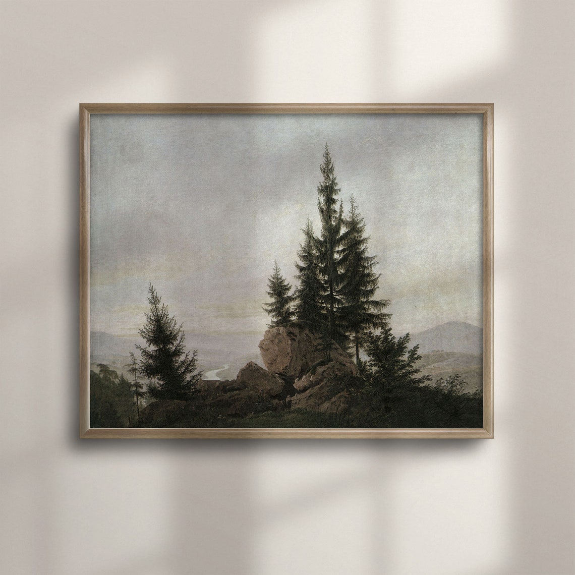 Vintage Pine Trees Rocky Hilltop Misty Valley Forest Art Poster