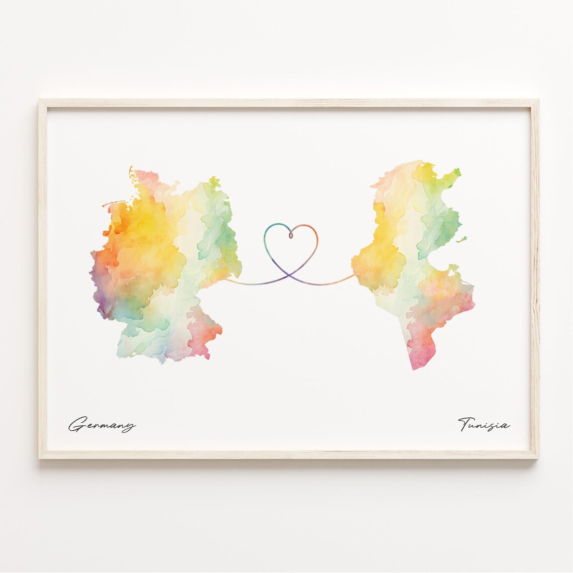 Germany To Tunisia Watercolor Map Heart Long Distance Love Poster