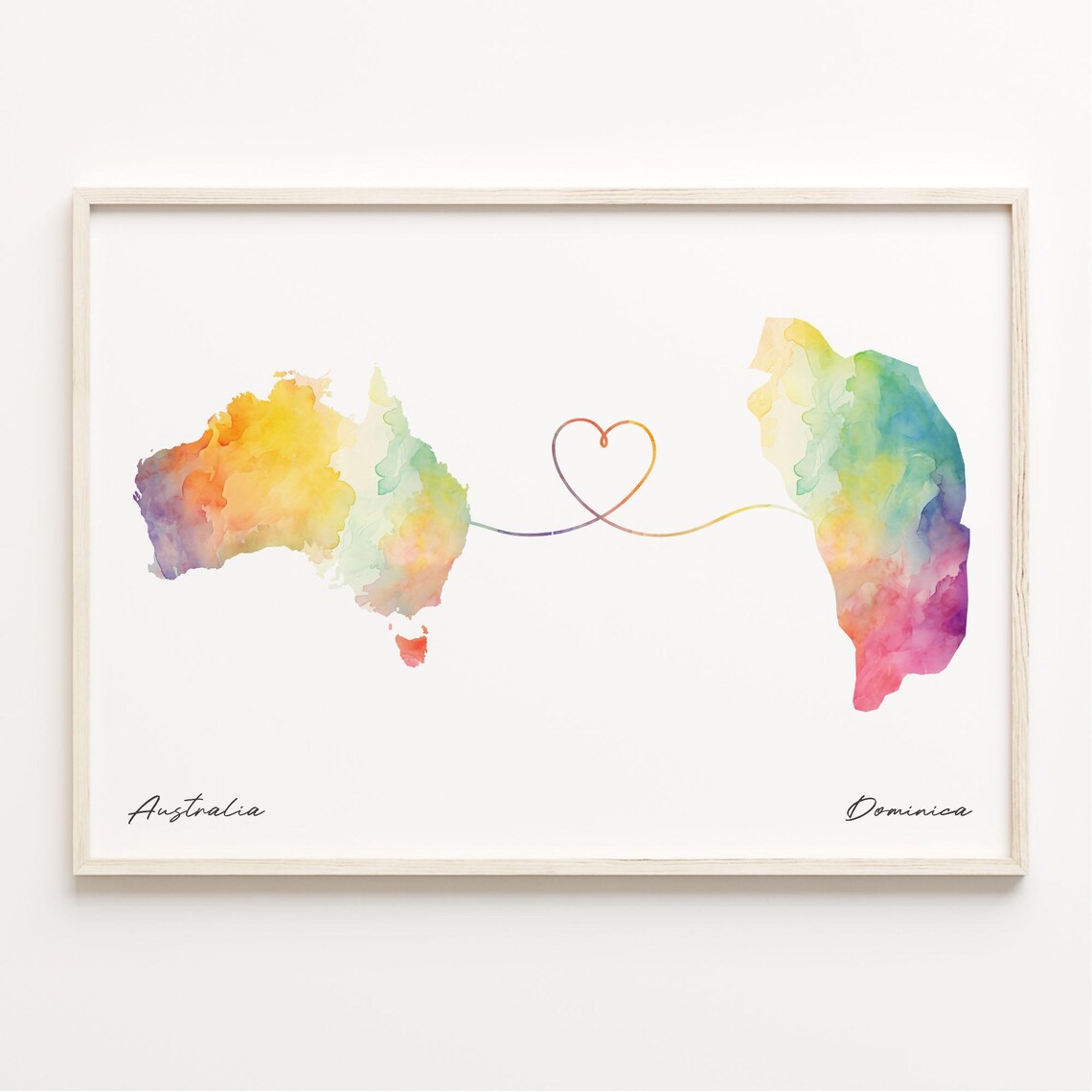 Australia To Dominica Watercolor Heart Map Long Distance Love Wall Art