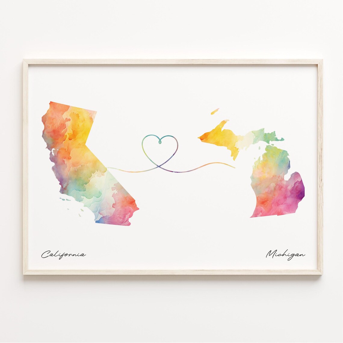 California To Michigan Watercolor Map Heart Connection Poster