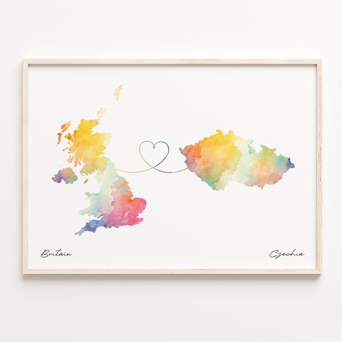 Britain to Czechia Heart Line Watercolor Map Long Distance Love Art Print