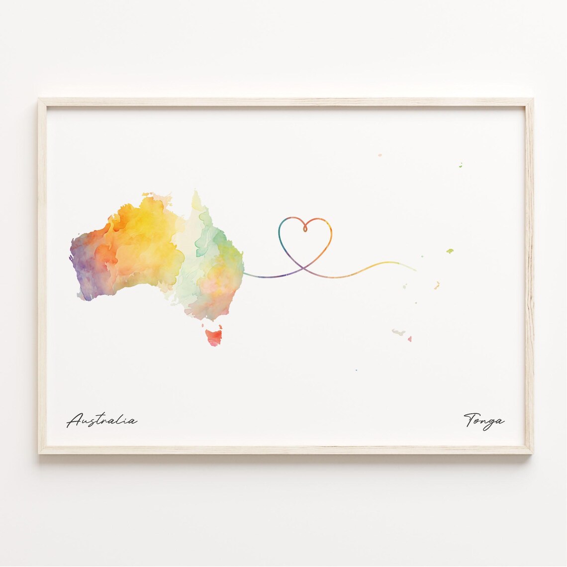 Australia to Tonga Watercolor Map Heart Connection Long Distance Poster