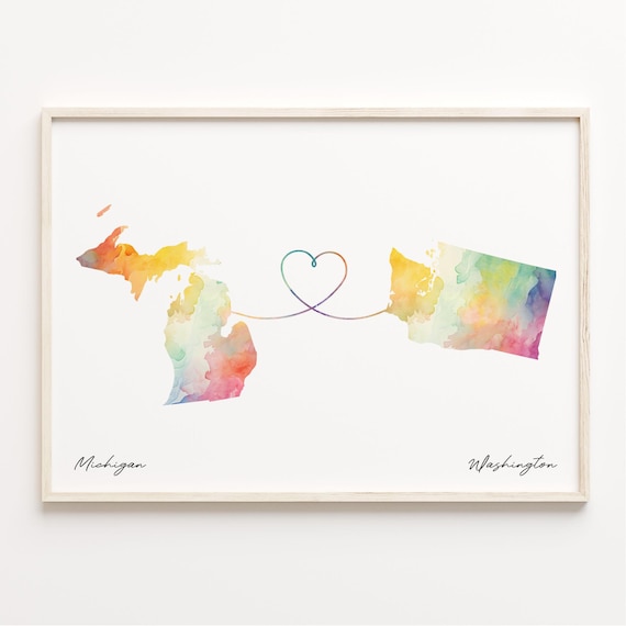 Michigan to Washington Watercolor State Map Heart Gift Poster