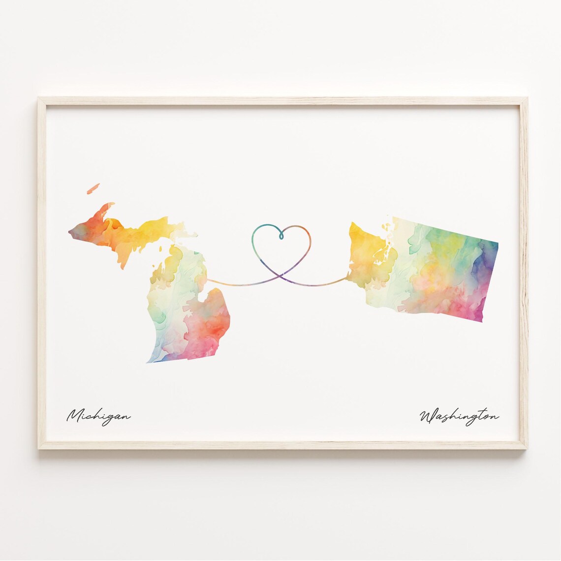 Michigan to Washington Watercolor State Map Heart Gift Poster