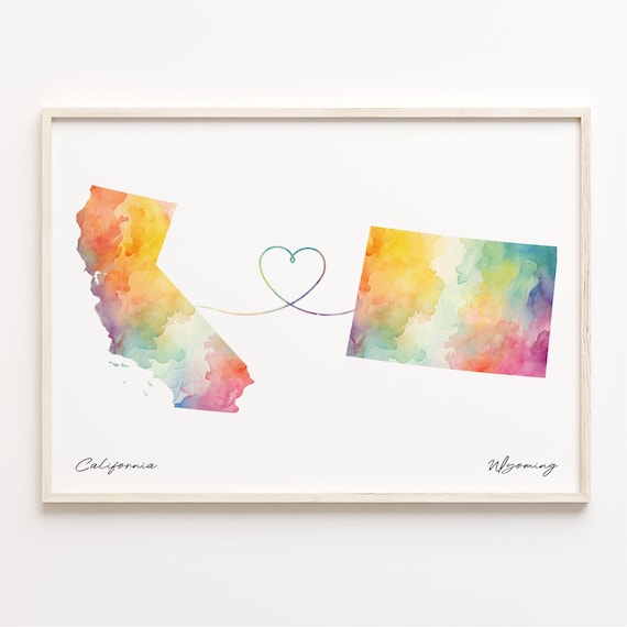 California To Wyoming Watercolor Map Heart Connection Travel Poster