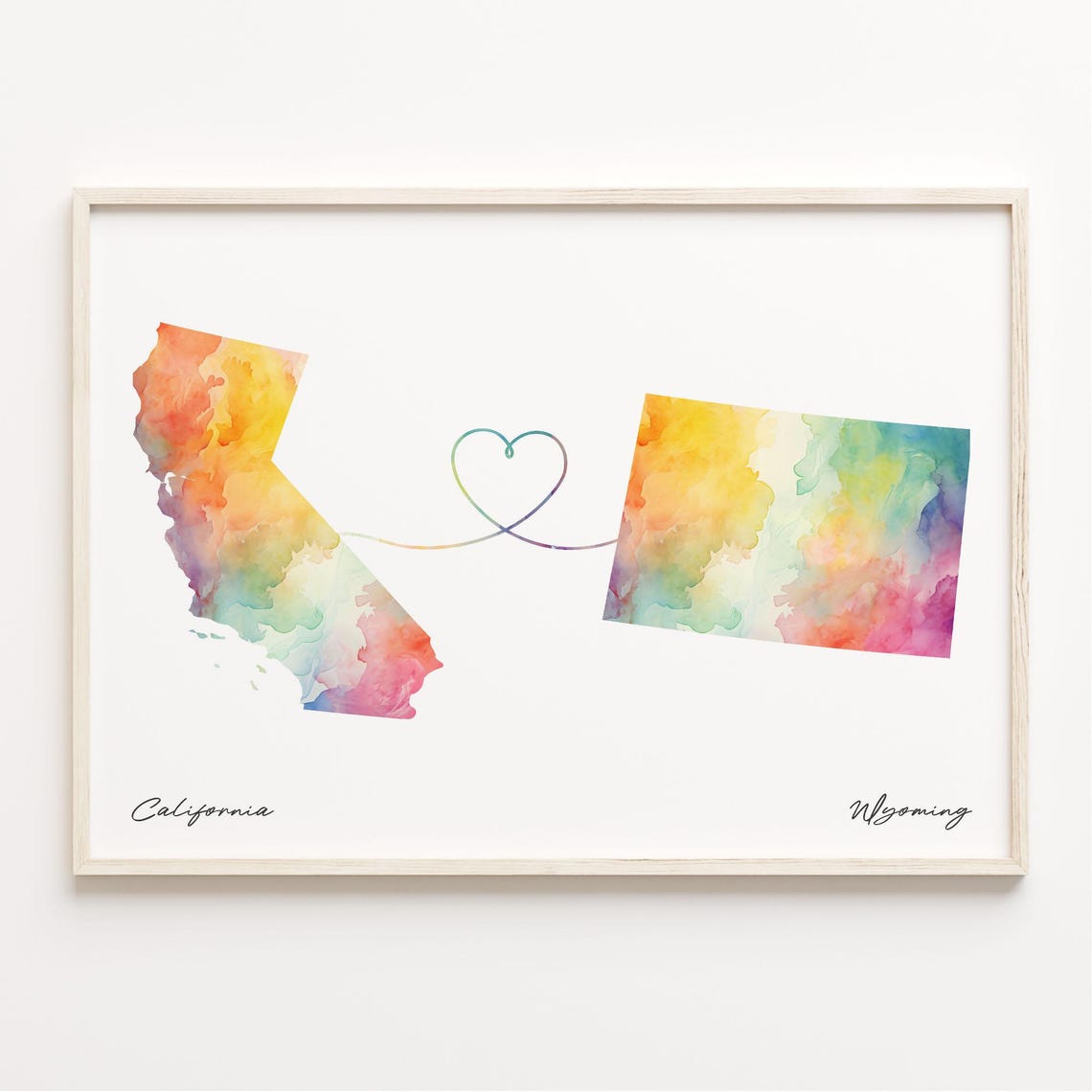 California To Wyoming Watercolor Map Heart Connection Travel Poster