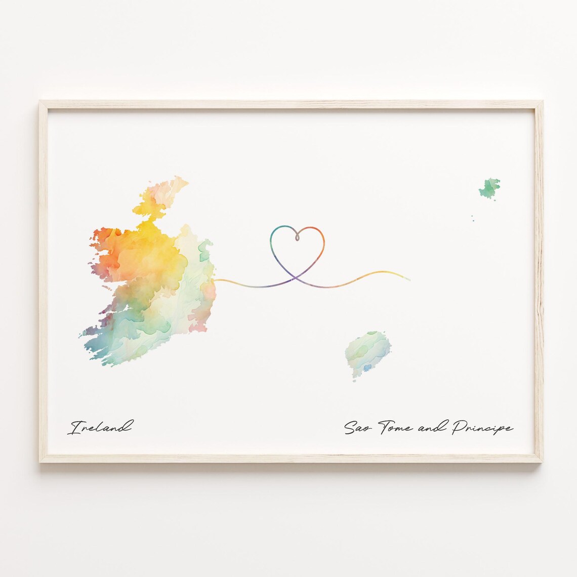 Ireland To Sao Tome And Principe Watercolor Heart Map Poster