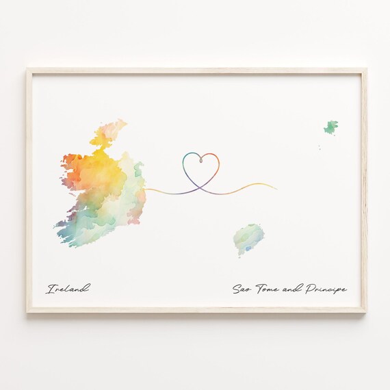 Ireland To Sao Tome And Principe Watercolor Heart Map Poster