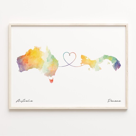 Australia To Panama Watercolor Heart Map Long Distance Love Poster