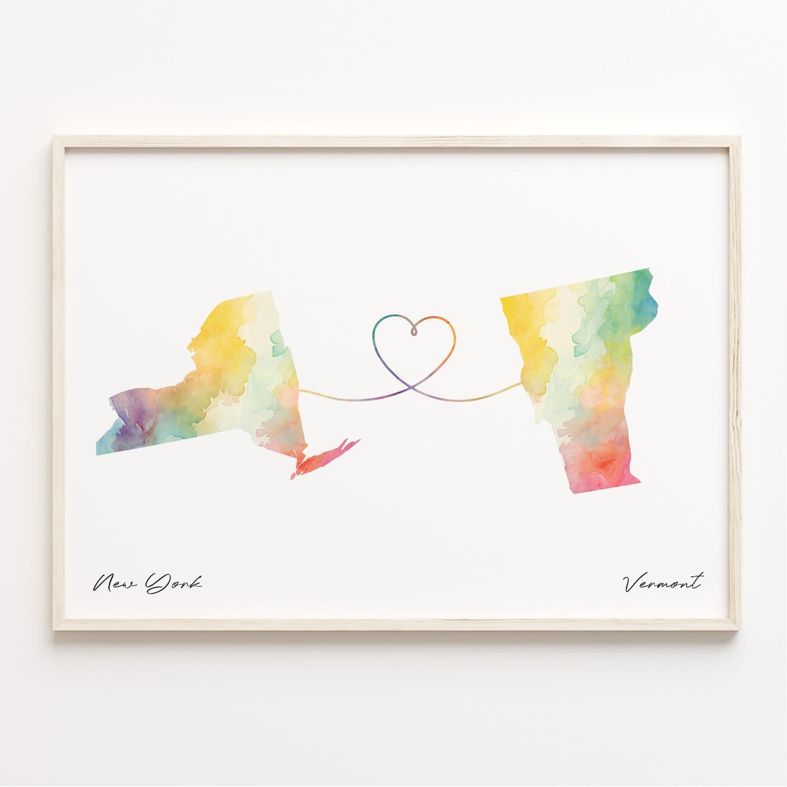 New York to Vermont Long Distance Love Heart States Map Poster