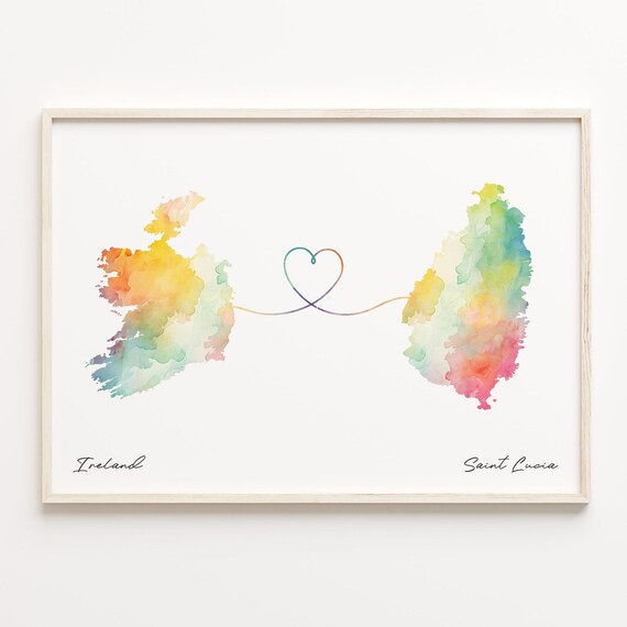 Ireland To Saint Lucia Watercolor Map Heart Connection Print