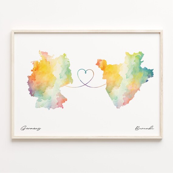 Germany and Burundi Watercolor Map Heart Connection Art Poster