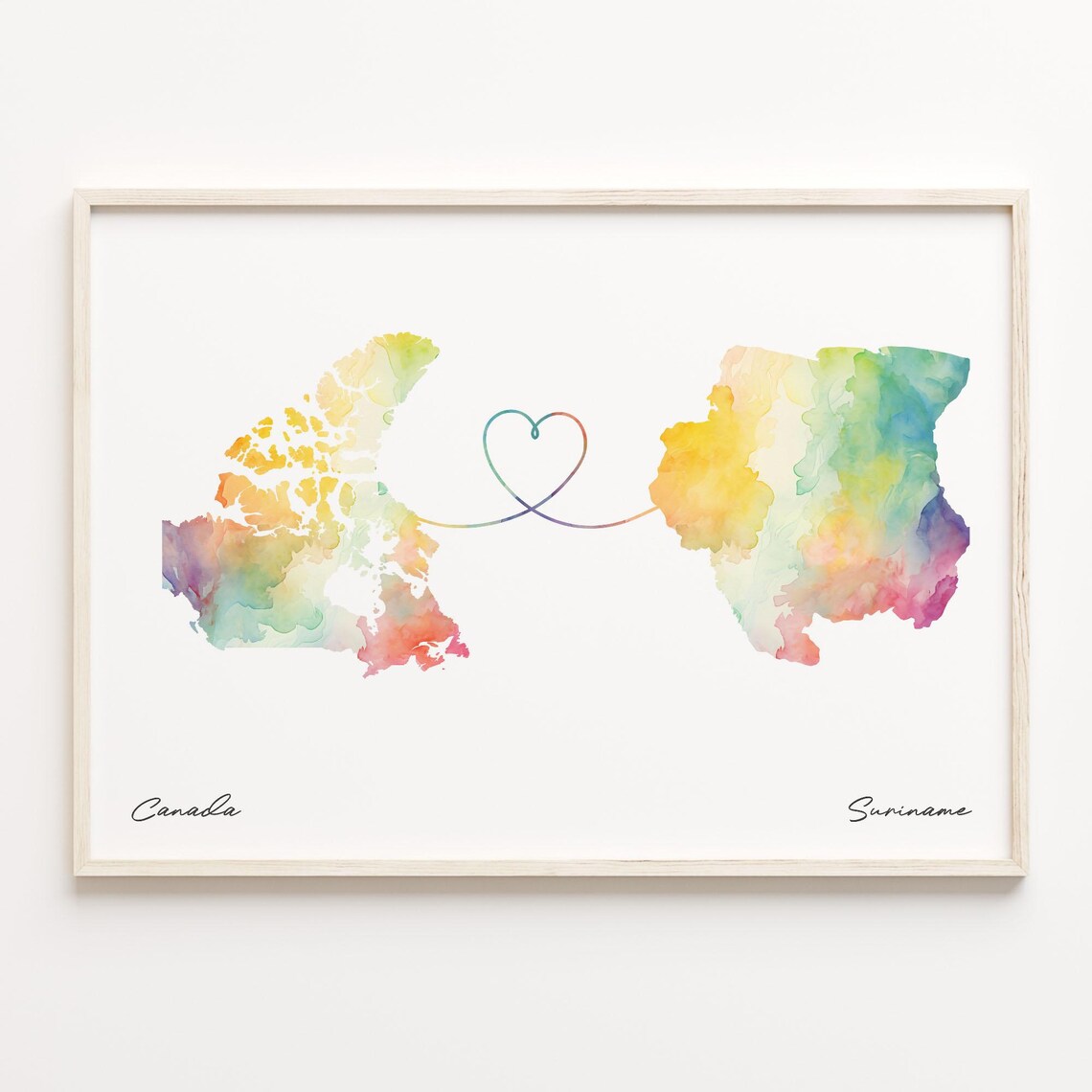 Canada to Suriname Watercolor Map Heart Connection Travel Poster