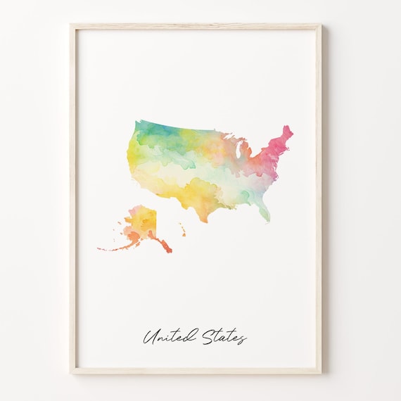 United States Watercolor Country Map Rainbow Wash Poster Minimalist