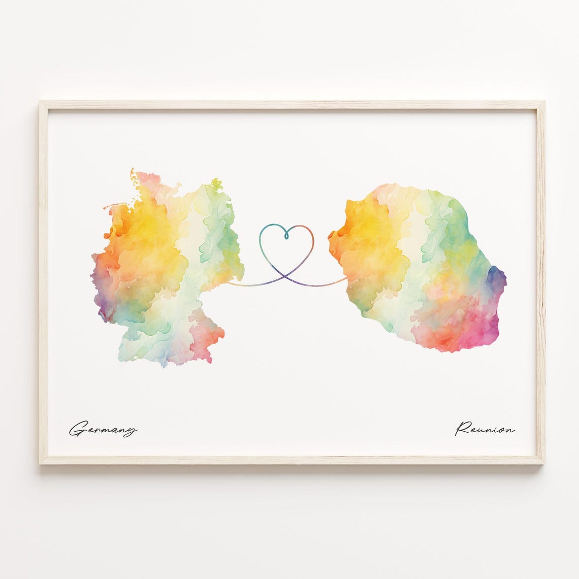 Germany to Reunion Watercolor Map Heart Connection Art Poster