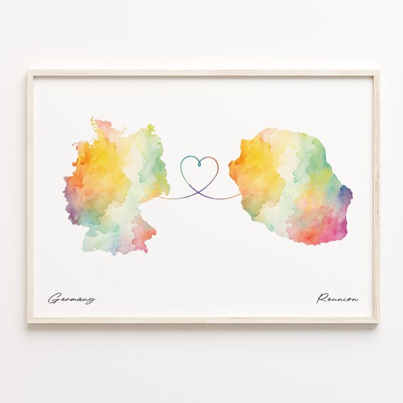 Germany to Reunion Watercolor Map Heart Connection Art Poster