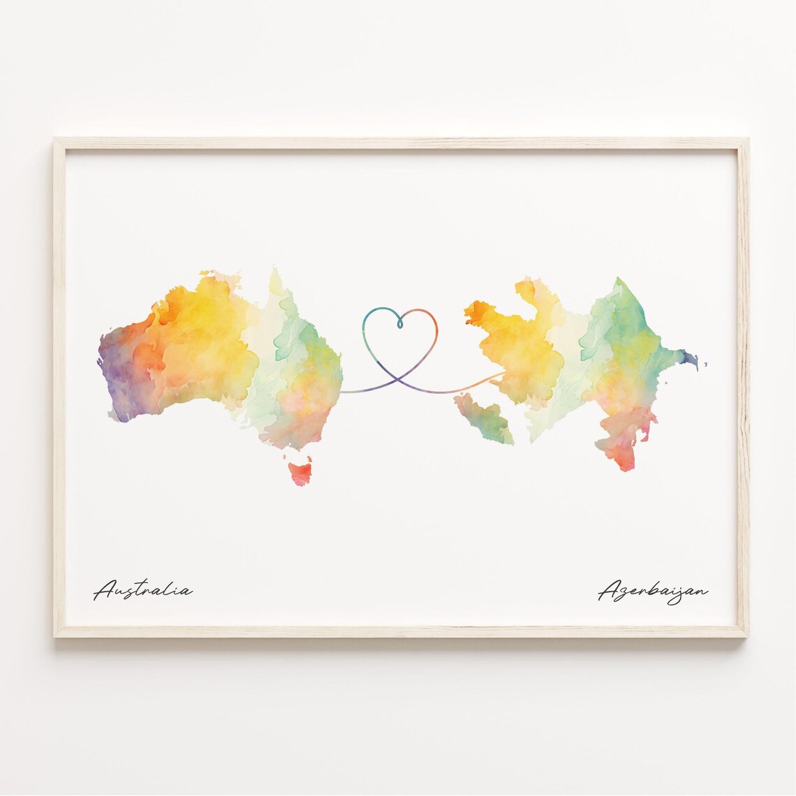 Australia to Azerbaijan Watercolor Map Heart Long Distance Love Poster