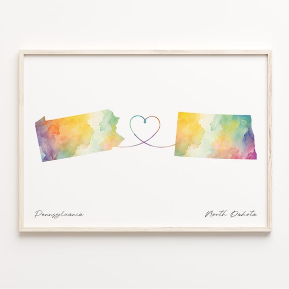 Pennsylvania North Dakota Watercolor Map Heart Love Connection Poster
