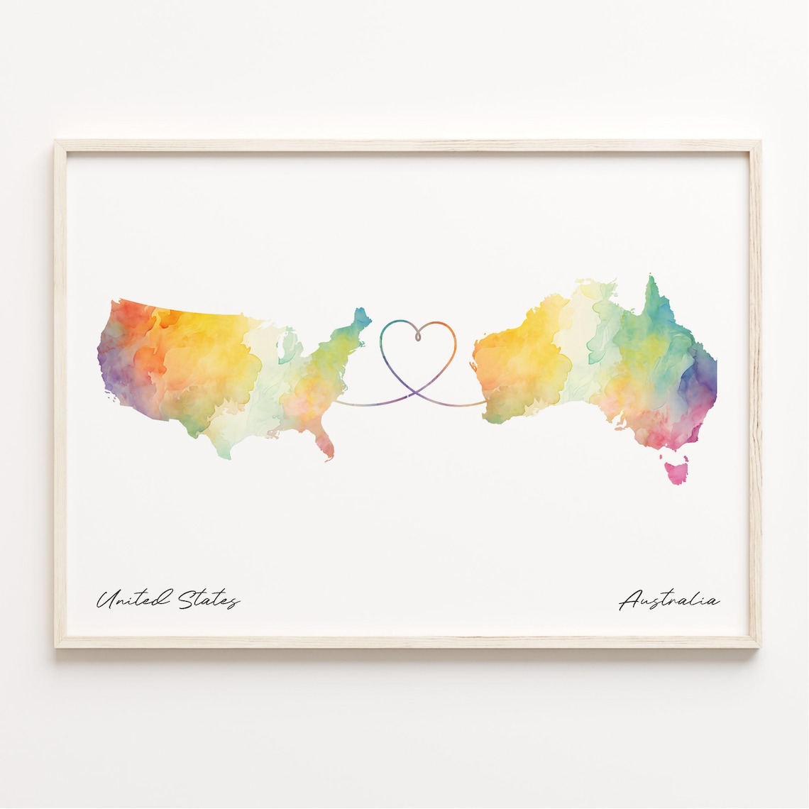 United States to Australia Watercolor Map Heart Travel Poster