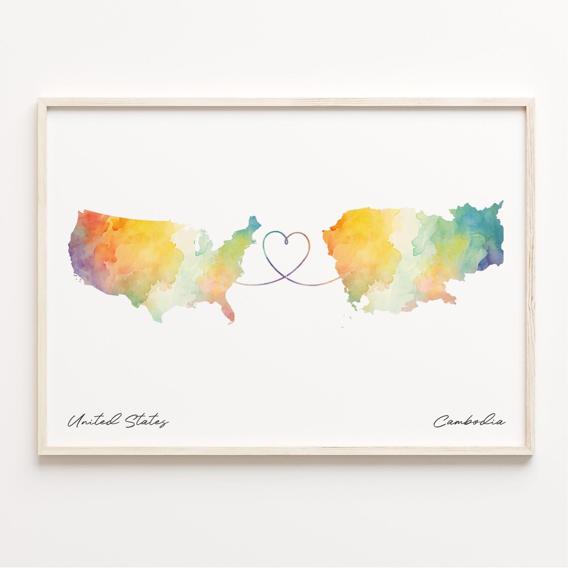 United States To Cambodia Watercolor Map Poster Long Distance Heart Gift