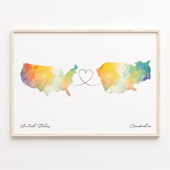 United States To Cambodia Watercolor Map Poster Long Distance Heart Gift
