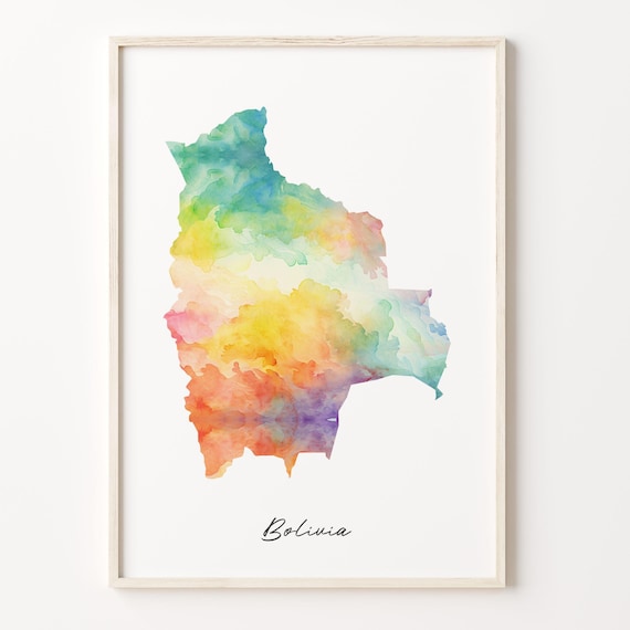Bolivia Rainbow Watercolor Map Poster with Hand Lettered Country Script