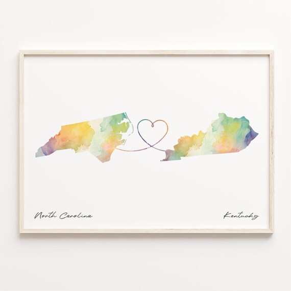 North Carolina To Kentucky Watercolor Map Heart Sweet Love Poster