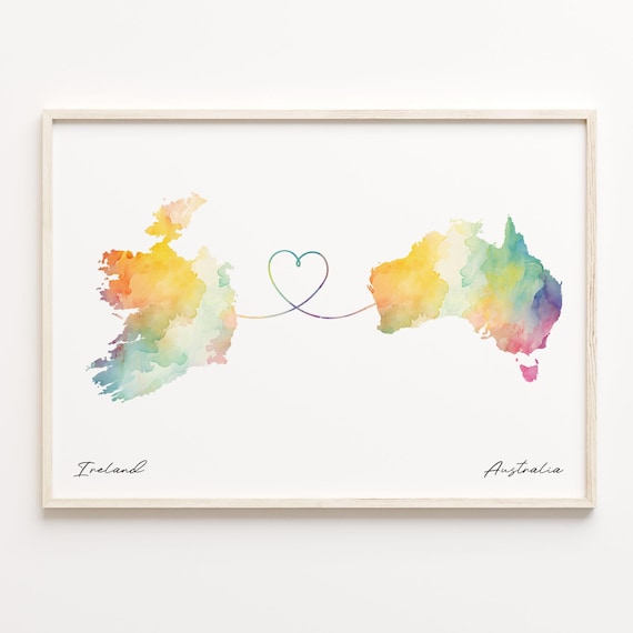 Ireland to Australia Watercolor Heart Connection Family Love Map Poster