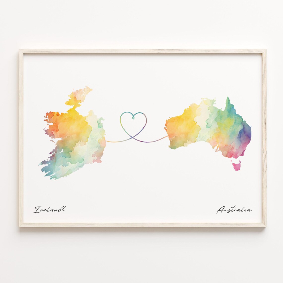 Ireland to Australia Watercolor Heart Connection Family Love Map Poster