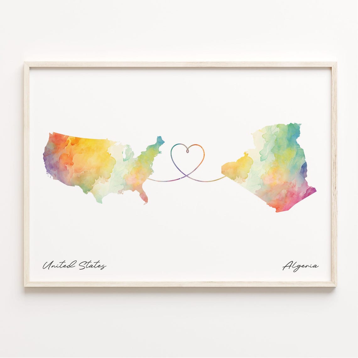 United States To Algeria Heart Connection Watercolor Map Wall Poster