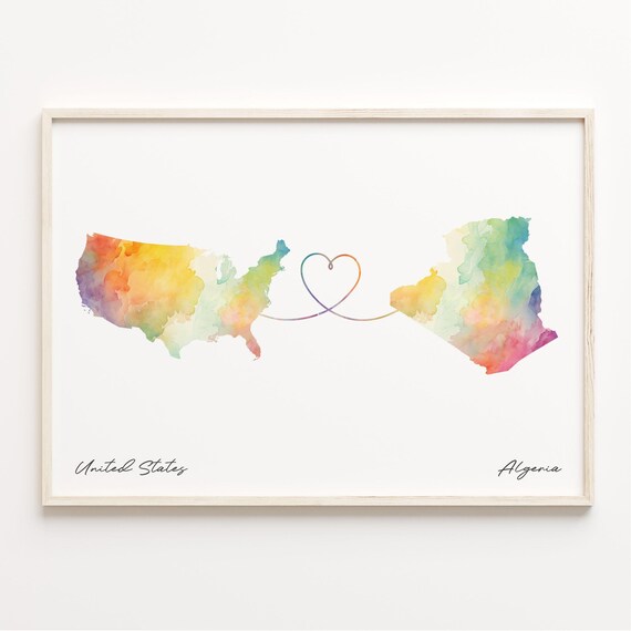 United States To Algeria Heart Connection Watercolor Map Wall Poster